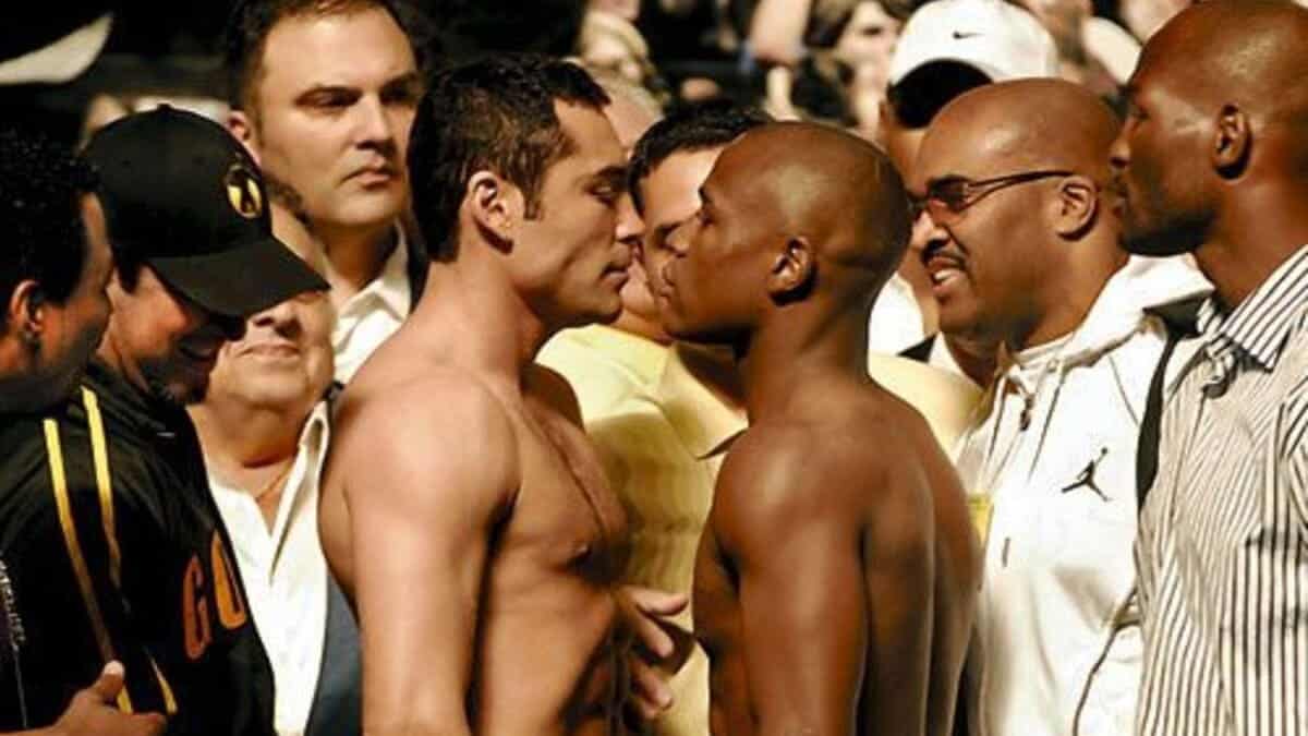 Oscar De La Hoya vs Floyd Mayweather weigh in Leonard Ellerbe Bernard Hopkins