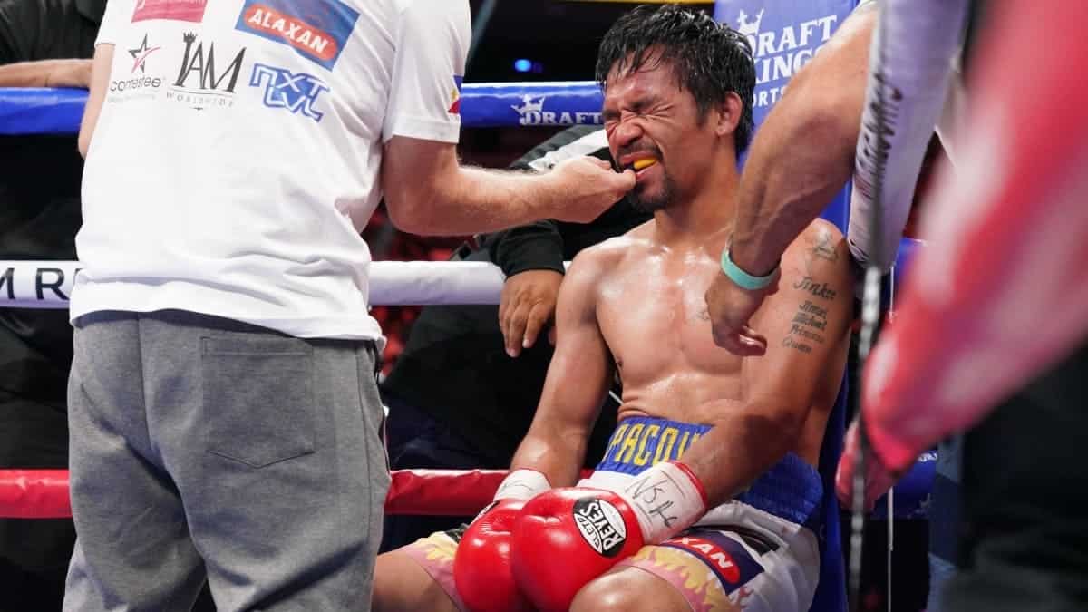 Manny Pacquiao on his stool vs Ugas